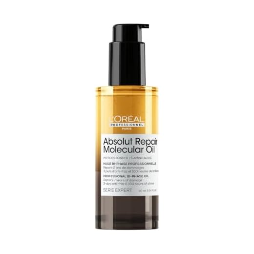 L’Oréal Professionnel Aceite Bifásico Reparador, 100 Horas de Brillo, Antifrizz, Protector Térmico, protector solar cabello, Sin Aclarado, para Cabello Dañado, Absolut Repair Molecular, 90ml