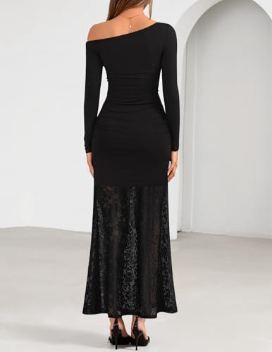 ZESICA Women's Long Sleeve Off Shoulder Bodycon Dresses Fall 2025 Ruched Lace Wedding Guest Cocktail Formal Maxi Dress4