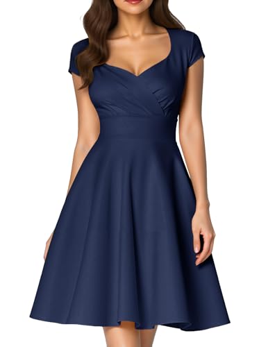 Image of Fynadressr Navy Italian Dress Prom Party Wedding Guest Dress Women's 1950s Vintage Cocktail Sweetheart Neckline Rockabilly Dress Navy 2XL