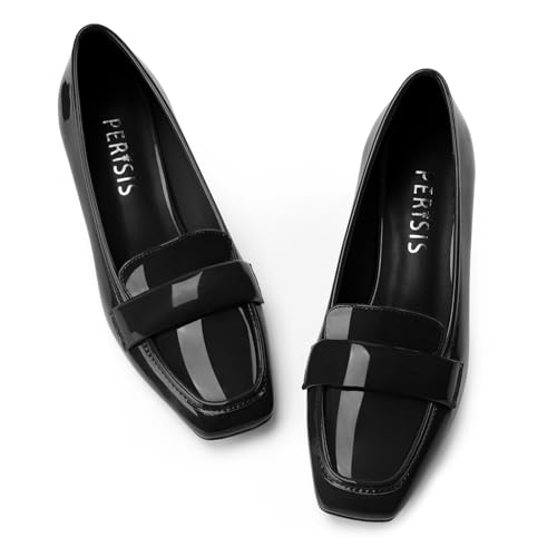 Image of Women's Square Toe Chunky Low Heel Penny Loafers Shoes Black Patent Leather Comfortable Slip On Work Business Dressy Classic Pumps