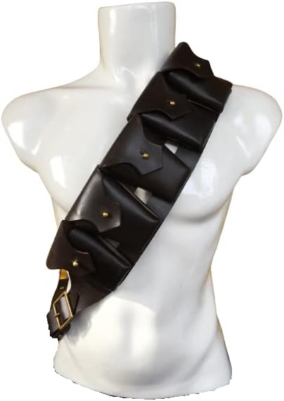 Warcraft Exprots British P-1903 Leather Shoulder Rig 5 Pocket Ammo Pouch Bandolier Pattern 1903 with Copper Rivets, Brass Fittings & Buckle Closure - Dark Brown
