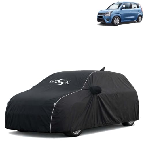 Image of KINGSWAY Super Waterproof Car Cover Only with Maruti Suzuki Wagon R (Year 2019 Onwards - All Model) | Mirror and Antenna Pockets | All Weather Car Body Cover with Silver Piping | Black