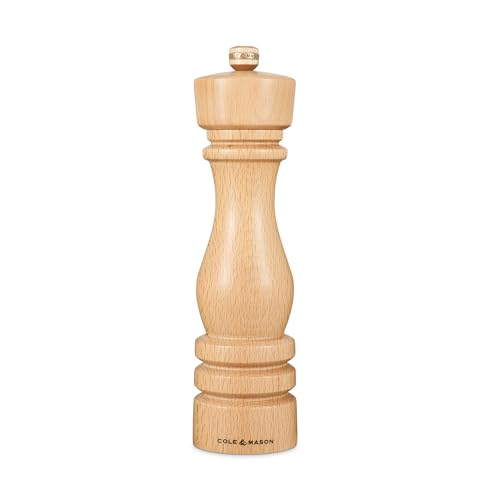 Cole & Mason London Natural Beech Pepper Mill, Precision+ Carbon Mechanism, Pepper Grinder with Adjustable Grind, Beech Wood, 220mm, Seasoning Mill, Lifetime Mechanism Guarantee