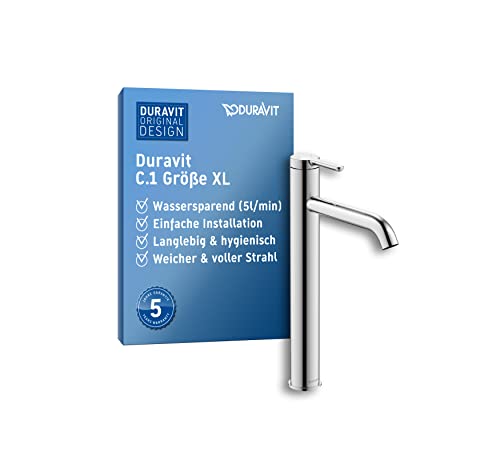 Duravit C.1 Waschtischarmatur, Größe XL (Auslauf Höhe 233 mm), Wasserhahn Bad, Waschbecken Armatur mit Keramikkartusche, Chrom