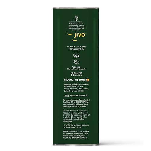 Jivo Extra Virgin Olive Oil 5 litre Tin | Imported from Spain | Contains Vitamin E | Low in Saturated Fat | Natural and Cold Pressed Cooking Oil | Ideal for Dressings, Salad and Soups, Dips & Marinades