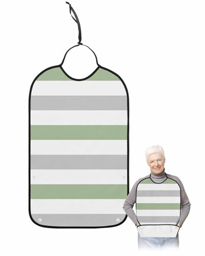 LEOKOTI Sage Green Grey Striped Adult Bibs for Eating, Waterproof Bibs with Food Catcher & Adjustable Snap Closure, Farmhouse Sage Green Stripes Washable Clothing Protectors Adult Bibs for Elderly