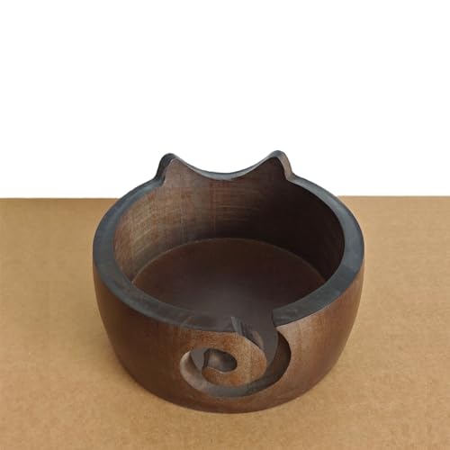 Image of Cute Cat Yarn Bowl, New Yarn Bowls Yarn Storage Bowl with Carved Holes & Drill, Creative Wooden Handmade Round Woolen Bowl for DIY Knitting Crocheting Accessories (Brown)
