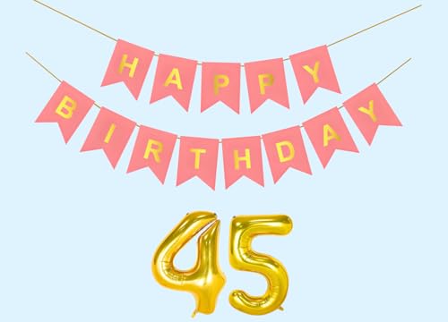 Image of 45th Happy Birthday Decoration Kit Light Pink for 45 year Old Boys Girls Men with Number Forty-five Party Decorations Decor Celebration Items Item Set Combo Reusable Paper Banner