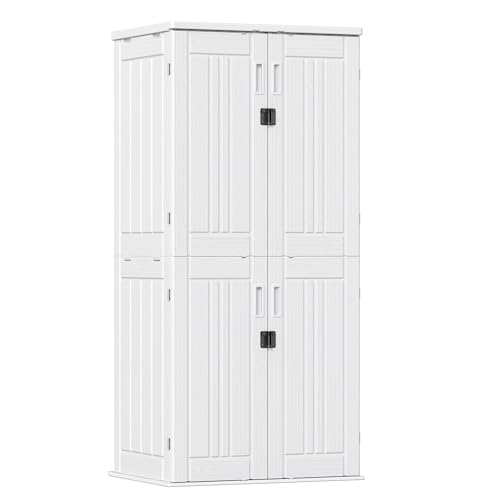 Image of Outdoor Storage Cabinet with 4 Shelves,31.5" x 23.23" x 66.22" White Waterproof Shed,Waterproof Resin Vertical Tool Shed, Lockable 30 cu.ft. Storage Shed for Patio, Garden, Yard, White
