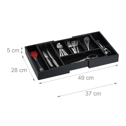 Relaxdays Cutlery Tray, Extendable Insert, 5 to 7 Compartments, Drawer Organiser, Bamboo & MDF, Utensils Storage, Black - Image 2