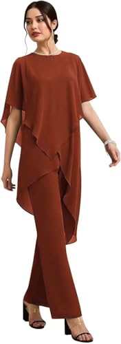 2 Pieces Mother of The Bride Pant Suits Chiffon Half Sleeves Women Dressy Outfits for Wedding Guest KW007 Burnt Orange