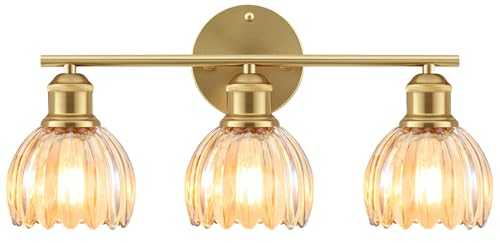 Image of Bathroom Light Fixtures, 3-Light Brushed Gold Vanity Lights for Bathroom with Amber Tulip Glass Shade, 20 inch Vintage Bathroom Vanity Lighting Fixtures Over Mirror for Bedroom Living Room Hallway