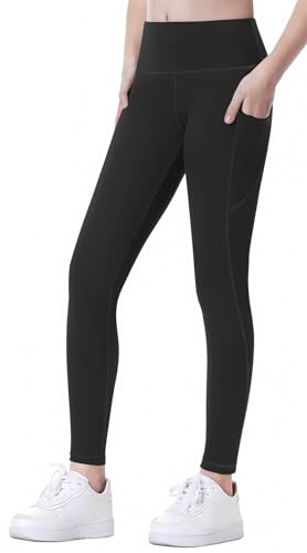SEAUR Mädchen Sport Leggings Lang Yogahose mit 2 Taschen Einfarbig Eng...