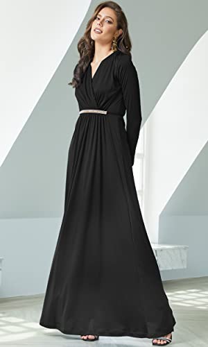 Koh Koh Womens Long Sleeve Sleeves Kaftan V-Neck Flowy Formal Wedding Guest Fall Winter Evening Day Empire Waist Abaya Muslim Gown Gowns Maxi Dress Dresses, Black L 12-14 #TOP1