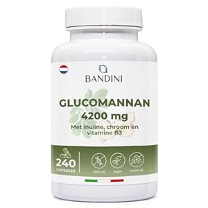 Bandini® Glucomannaan uit de konjacwortel – 4200 mg per dagelijkse dosis – 240 capsules – Geoptimaliseerd met bacterieculturen, chroom, vitamine B3 en inuline – Hooggedoseerd supplement – Veganistisch