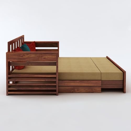 Image of Wooden Sofa Cum Bed for Living Room | Solid Sheesham Wood Convertible 3 Seater Diwan Sofa Bed with Pull-Out Storage Armrest | Folding Double Bed for Home, Guest Room & Office | Honey Finish