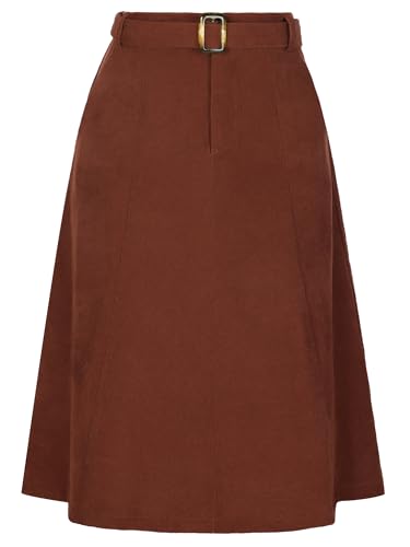 Allegra K Women's High Waist Elastic Back A-Line Belted Winter Fall Midi Corduroy Skirt