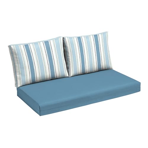 Image of Arden Outdoor Loveseat Cushion Set, 48 x 24, Water Repellent, Fade Resistant, Cushion Set for Couch, Bench, and Swing, French Blue Linen Stripe