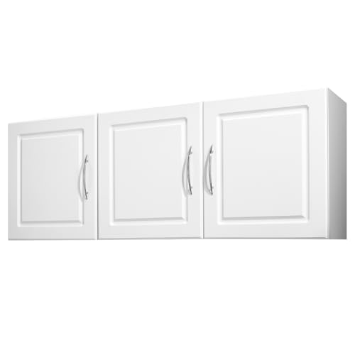 VEVOR Laundry Room Wall Cabinet, 2-Tier Wall Mounted Hanging Cabinet with Adjustable Shelf, Cupboard Storage with 3 Doors, for Kitchen, Bathroom, Laundry, 12.44 x 54 x 20.31 in (D x W x H), White