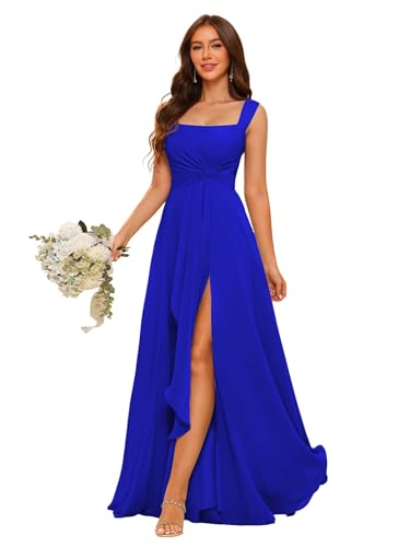 Women's Square Neck Chiffon Bridesmaid Dresses with Pockets 2025 Pleated Aline Formal Evening Dresses with Slit DE435