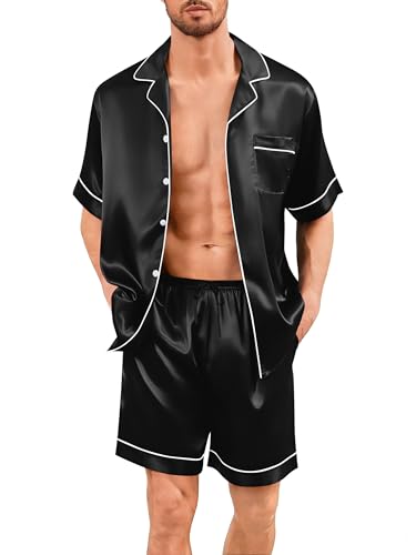 Image of SWOMOG Men Silk Pajama Set Short Sleeve Satin PJs Sets 2 Piece Button Down Sleepwear Soft Summer Loungewear with Pockets