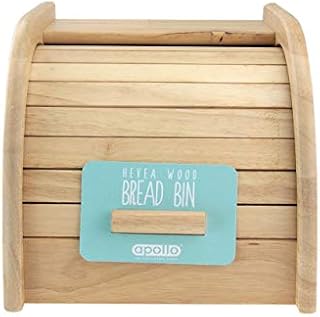 apollo THE HOUSEWARES BRAND Mini Bread Bin - Roll Top Lid - Flat Shelve Top - High Quality Hevea Wood - Size 27x18x20cm - Light Brown