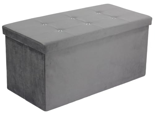 simpa Large Fold Flat Light Grey Brushed Velvet Ottoman Storage with Thick Comfortable Cushion - 76cm (L) x 38cm (W) x 37cm (H)