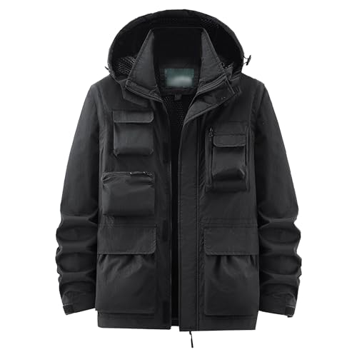 Men's Winter Work Waterproof Jacket Lightweight Cargo Multi Pocket Jackets Softshell Hooded Outdoor Windproof Coat