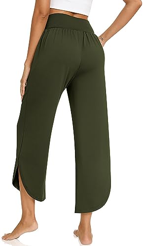 Image of TARSE Women's Wide Leg Yoga Pants Cross High Waist Flowy Split with Pockets | Comfy Lightweight Stretch, Flare Hem Cropped, Loose Dance Pants, Travel & Lounge, Everyday Casual Wear