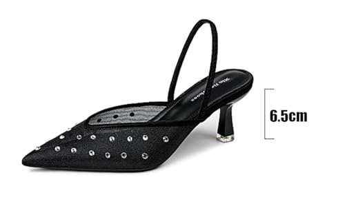 Women's Mesh Pointy Toe Slingback Heels Pearl Kitten Heels Sparkly Closed Toe Pumps Rhinestone Heeled Sandals Slip On Wedding Party Shoes3