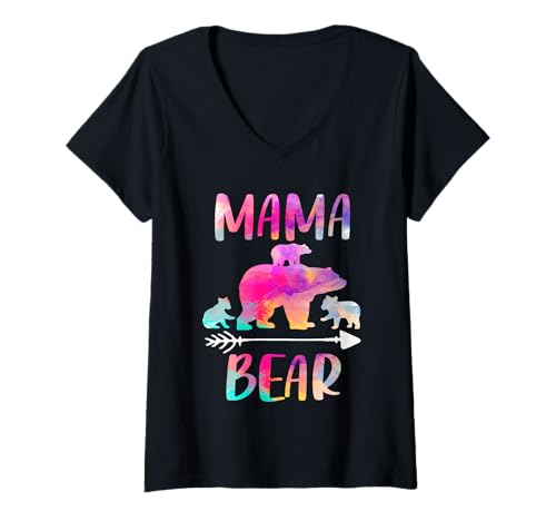 Womens Bear Matching Family Outfits, Funny Mama Bear Three Cubs V-Neck T-Shirt