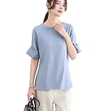 [ANCKDOCE] 半袖 Tシャツ シャツ レディース コットン素材 フレアスリーブ 通気性 吸湿性 ファッション 無地 ストライプ クルーネック 着痩せ 夏 服 レディース 丸首 トップス(XL, Blue)