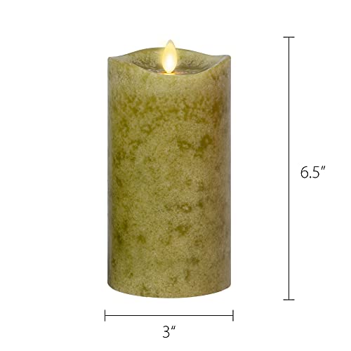 Luminara Set Of 2 Moving Flame Led Flameless Candle Pillars (3" Wide, 4.5" And 6.5" Tall) With Remote, Real Wax Mottled Finish, Melted Top, Unscented (Fern) #TOP5