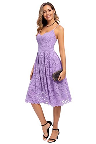 Atnlewhi Damen Vintage ärmellosen V-Ausschnitt A-Linie Kleid Blumen Knielang Spitzenkleid Brautjungfer Elegante Cocktailkleider - Hellviolett - M