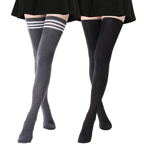Image of AQOKKA Extra Long Thigh High Socks for Women Striped Over Knee Thigh Socks Long Boot Thigh High Stockings Leg Warmers