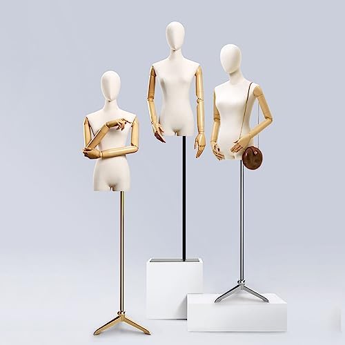 Adjustable Female Mannequin Torso Display for Retail Clothing, Dress Form with Detachable Head & Arms, Height Adjustable Body Mannequin Stand (Gold, Size B)