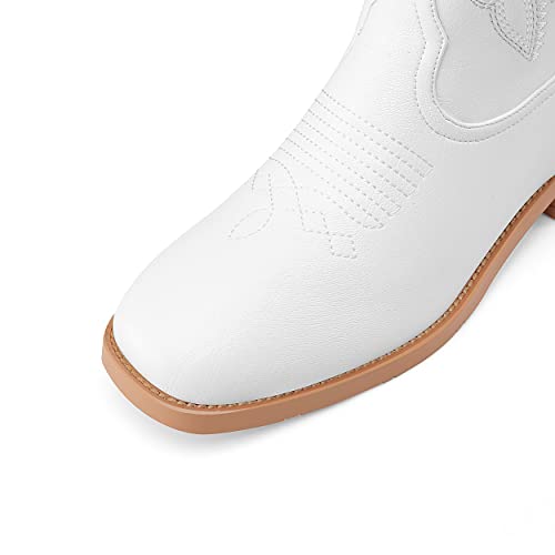 Z.oufeier Women's Fashion Embroidered Mid Calf Square Toe Western Cowboy Boots White Leather Wide Calf Low Block Heel Tall Cowgirl Boots(White,8) #TOP5