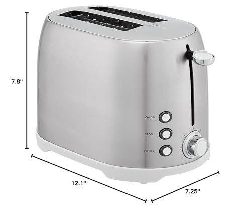 Image of Amazon Basics 2 Slice Cool Touch Stainless Steel Toaster with 7 Browning Settings, Extra Wide Slots (for Bagels, Waffles, Specialty Breads), Removable Crumb Tray, Cancel Button, 800W, Brushed Silver