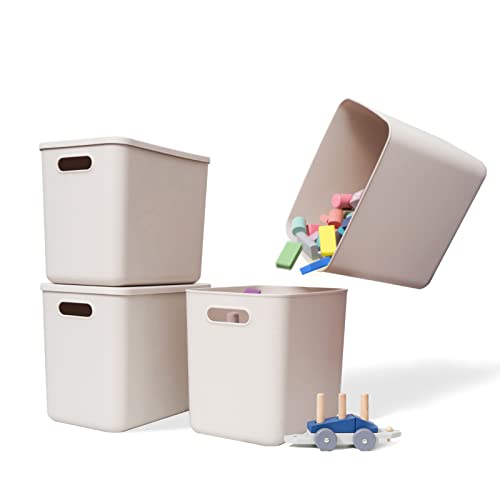 Yishyfier Plastic Storage Baskets With Lid Organizing Container Lidded Knit Storage Organizer Bins for Shelves Drawers Desktop Closet Playroom Classroom Office (4L, Light grey)