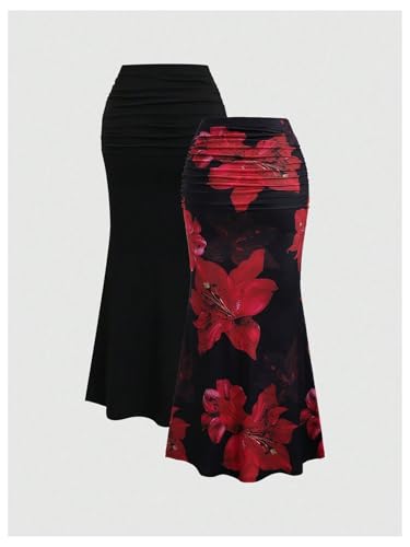 SOLY HUX Women's Elegant Bodycon Maxi Skirt 2 Packs High Waisted Floral Fishtail Summer Party Cocktail Skirts2