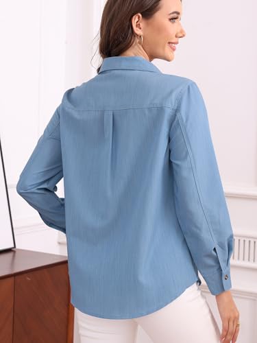 SUNNOW Women's Denim Shirt Button Down Blouse V Neck Casual Long Sleeve Tops Stretch Comfortable Shirt for Women4