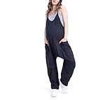 Motherhood Maternity Women's Casual Baggy Sleeveless V-neck Pregnancy Romper Jumpsuit with Loose Spaghetti Straps and Pockets, Black, Small