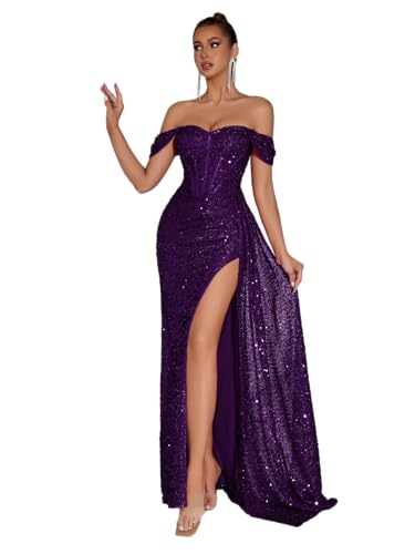 ADYCE Evening Gowns Formal Dresses for Women Sequin Tulle Wedding Guest Cocktail Party Sexy Off Shoulder Floor Length Prom Dress Dark Violet L