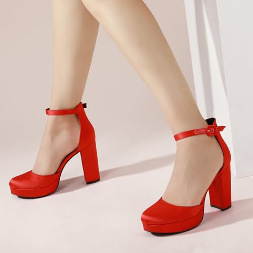 Image of Ankis Black Platform Closed Toe Heels for Women, Womens Heels Closed Round Toe Chunky Block Pumps Shoes, 4 Inch