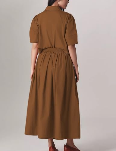 Image of Womens Summer 2 Piece Outfits Skirt Sets Button Short Sleeve Tops Elastic Waist Maxi Dress Sets with Pockets(0266-Brown-XL)