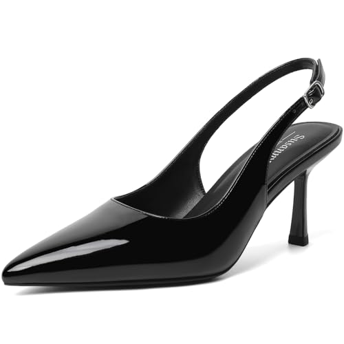 Susanny Black Slingback Heels for Women Closed Toe Pointed Ankle Strap Stiletto High Patent Leather Sexy Kitten Womens Pumps Strappy Casual Dressy Shoes Comfortable Wedding Brida Party Office Size 9
