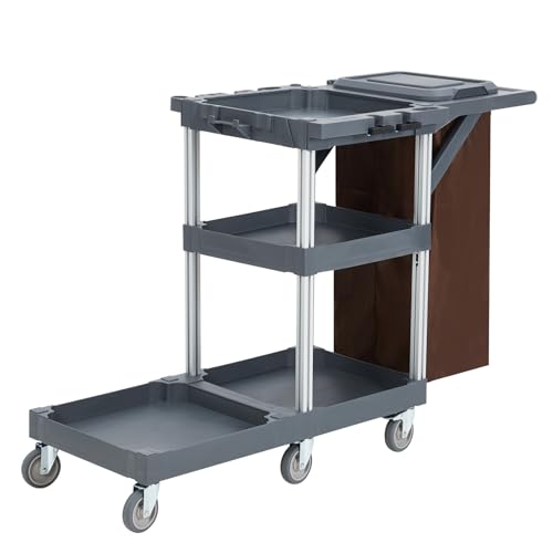 Commercial Traditional Janitorial 3-Shelf Cleaning Cart, Janitorial Carts on Wheels with Cover and Vinyl Bag, Custodial Cart, Housekeeping Carts for Hotels, Stores, Schools, and Business - Thumbnail 7