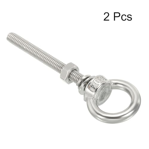 Image of uxcell M6*50 1 /4 inchx1.97 inch Stainless Steel Eye Bolts Threaded Screw Eyebolt Shoulder Ring with Nuts Washers for Lifting Hanging, 2 Set