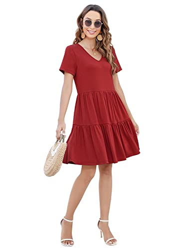 Arolina Women's Casual Swing Shift Dress Summer V Neck Short Sleeve Babydoll Ruffle Dress Tunic Dress (Red,S) #TOP1
