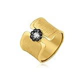 Extravant, breiter Silberring aus massiv Sterlingsilber mit wertvollem 22 Karat Gelbgold vergoldet mit Stein für Damen. ( auch Breiter Spannring)